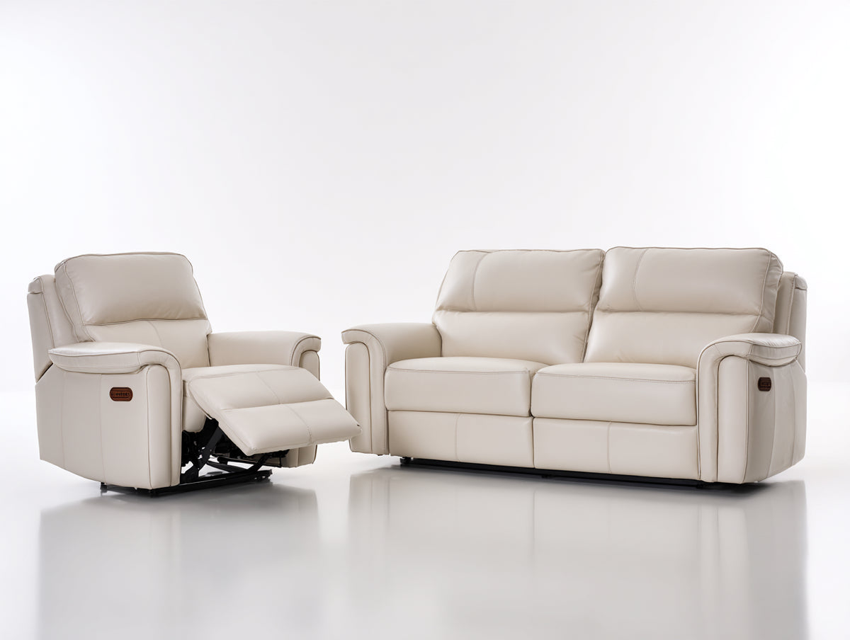 Ensemble de canapés - Cuir synthétique - 179x97x101 cm - Blanc crème - Style contemporain avec relaxation électrique et repose-pieds extensible