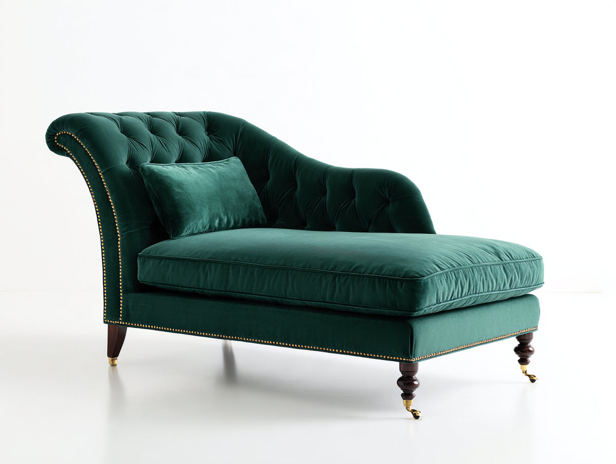 Chaise longue - Velours - 172x84x88 cm - Vert émeraude - Style classique capitonné