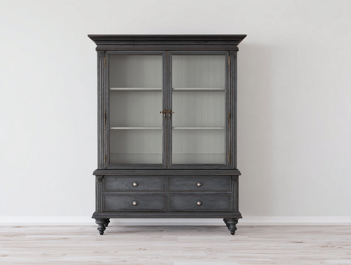 Bibliothèque - Bois-verre - 118x45x198 cm - Gris anthracite - Style classique avec portes vitrées et tiroirs