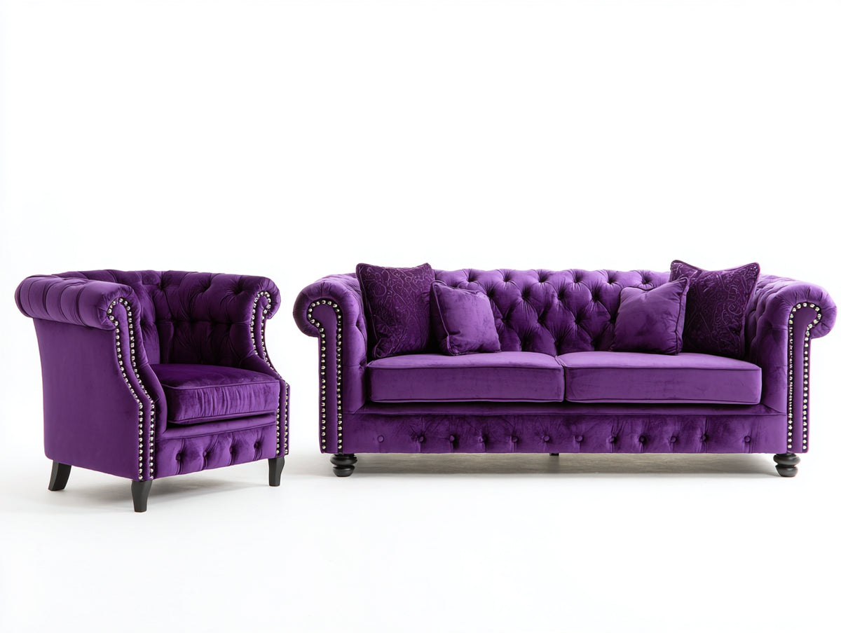 Ensemble de canapés - Velours - 216x94x81 cm - Violet profond - Style Chesterfield capitonné avec clous décoratifs