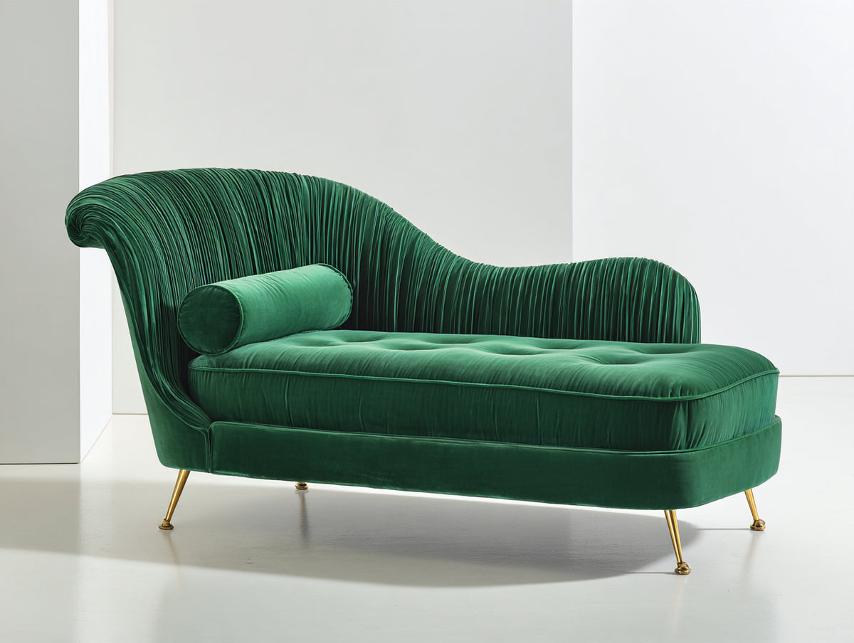 Chaise longue - Velours - 176x78x86 cm - Vert émeraude - Style contemporain plissé
