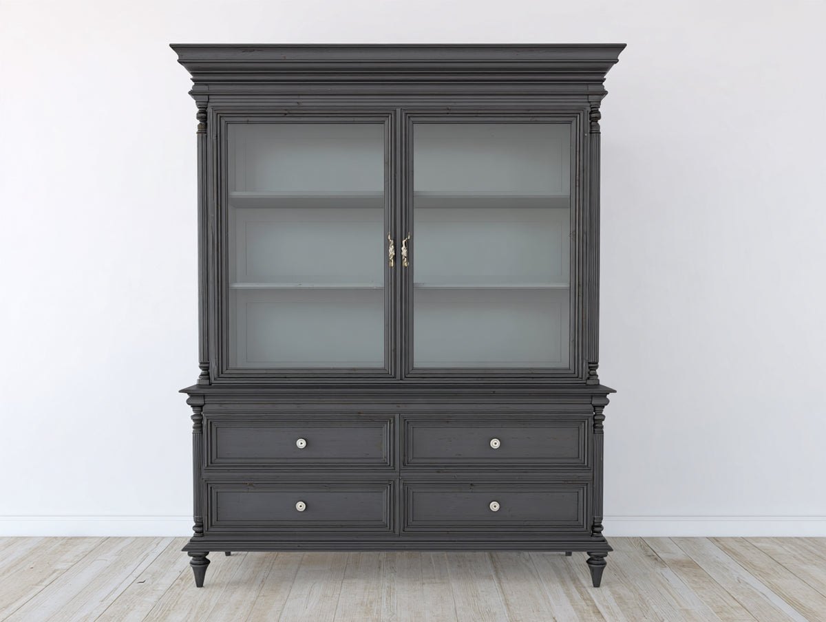Bibliothèque - Bois-verre - 126x47x205 cm - Gris foncé - Style traditionnel avec portes vitrées et tiroirs