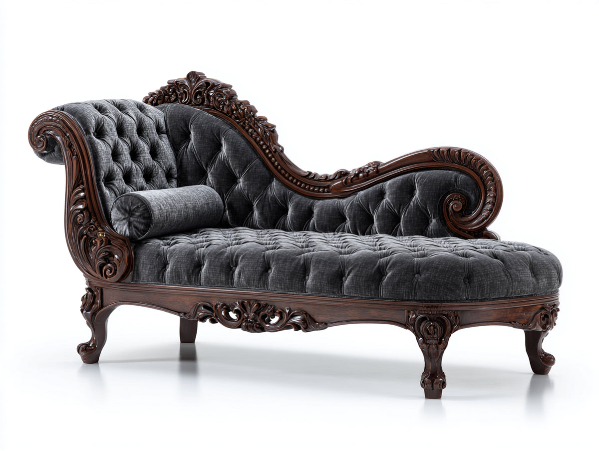 Chaise longue - Velours - 178x82x94 cm - Gris anthracite - Style classique sculpté