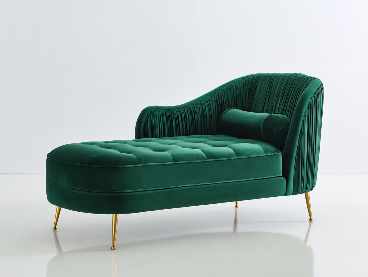 Chaise longue - Velours - 165x76x82 cm - Vert émeraude - Style moderne plissé